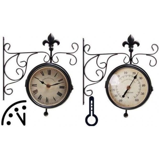Outdoor Clock With Thermometer On Bracket - 25cm