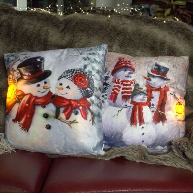 Pair of Christmas Snowman Cushions with Battery Operated Warm White LED