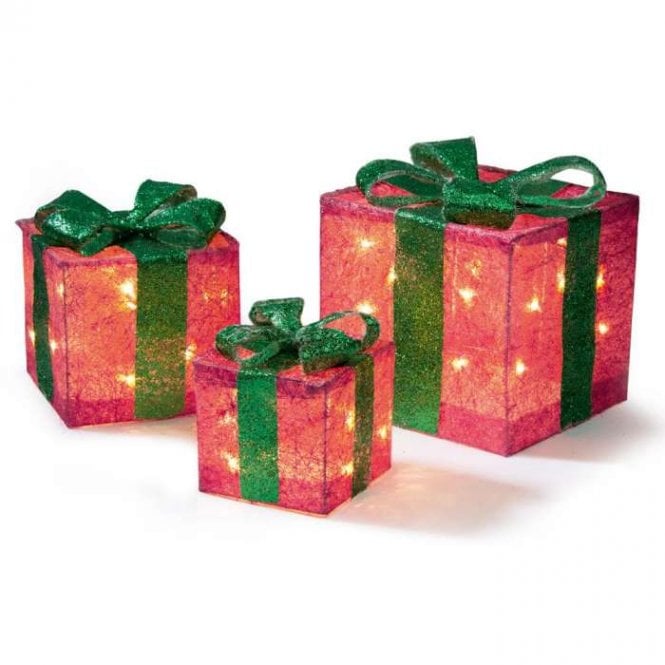 Set of 3 Red and Green Christmas Parcels with 40 Warm White LEDs -