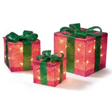 Set of 3 Red and Green Christmas Parcels with 40 Warm White LEDs -
