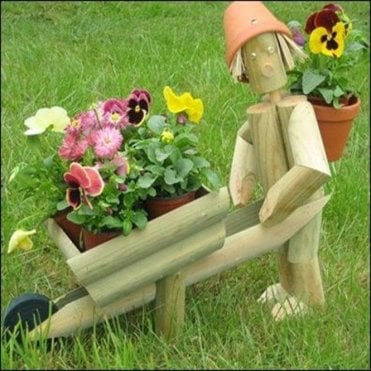 Wooden Flowerpot Figure with Wheel Barrow